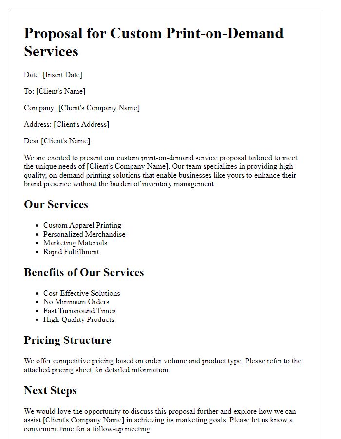 Letter template of custom print-on-demand service proposal