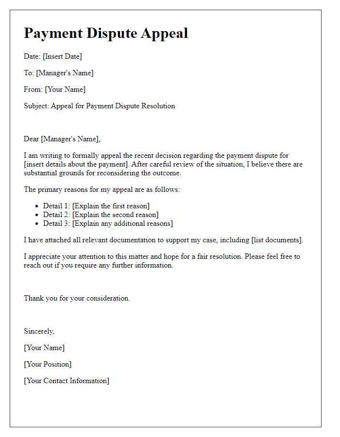 Letter template of payment dispute appeal to managerial level.