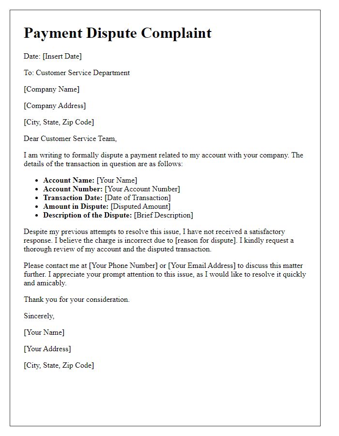 Letter template of payment dispute formal complaint to customer service.