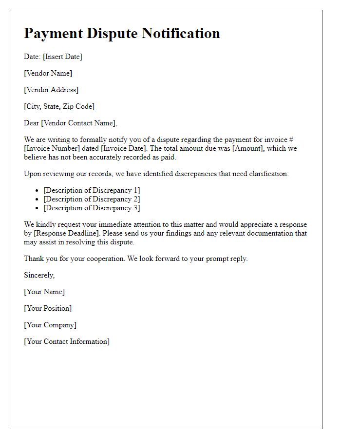 Letter template of payment dispute notification to vendor.