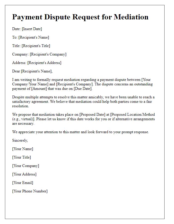 Letter template of payment dispute request for mediation.