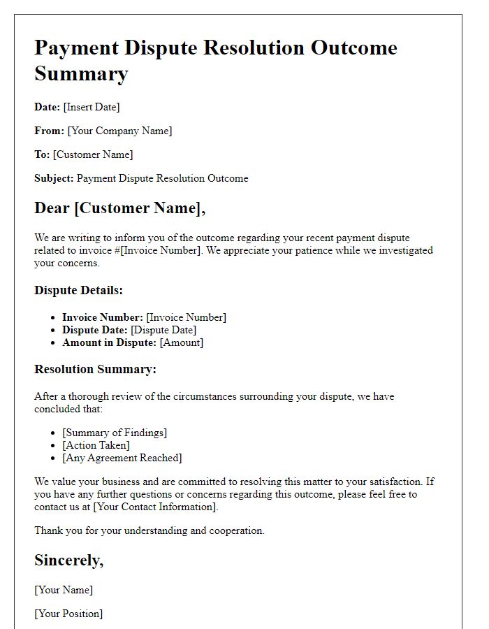 Letter template of payment dispute resolution outcome summary.