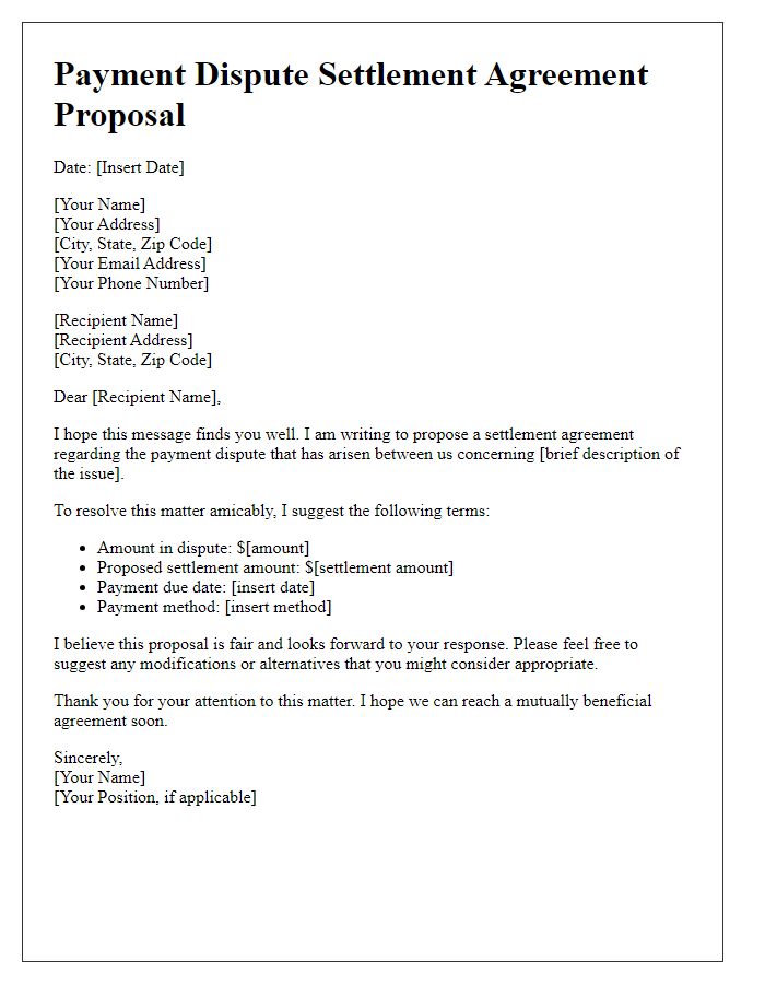 Letter template of payment dispute settlement agreement proposal.