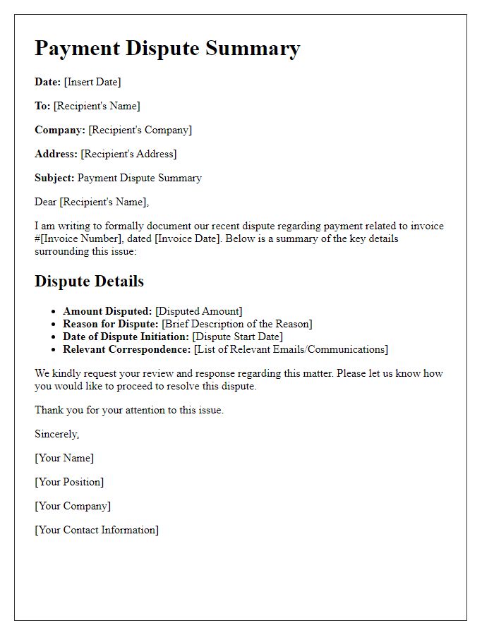 Letter template of payment dispute summary for documentation.