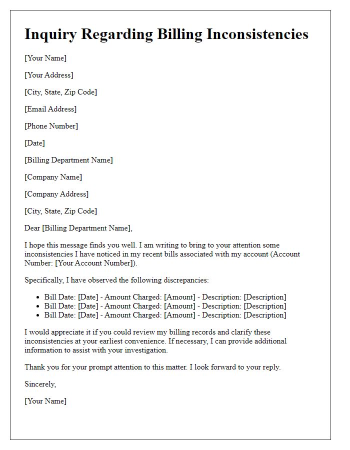 Letter template of inquiry regarding billing inconsistencies