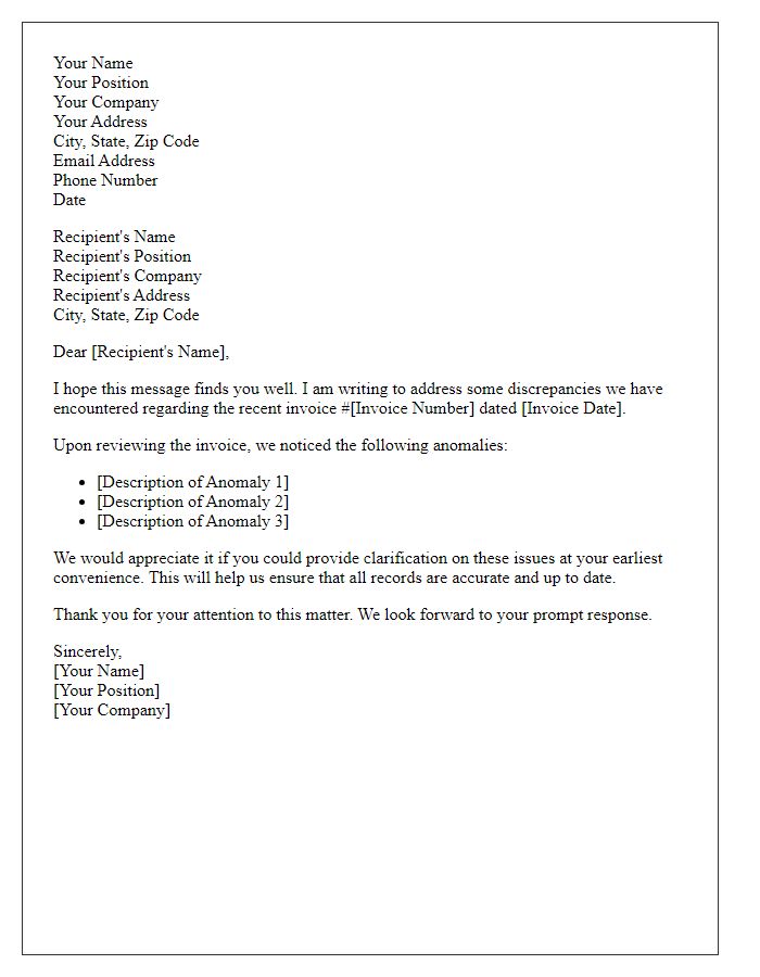 Letter template of solicitation for clarification on invoice anomalies