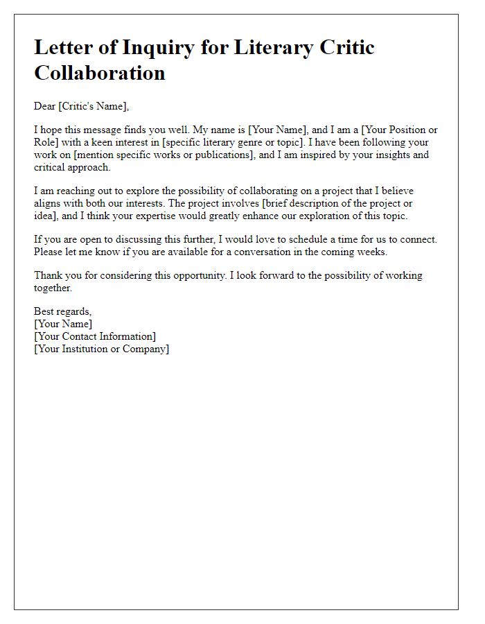 Letter template of literary critic collaboration inquiry