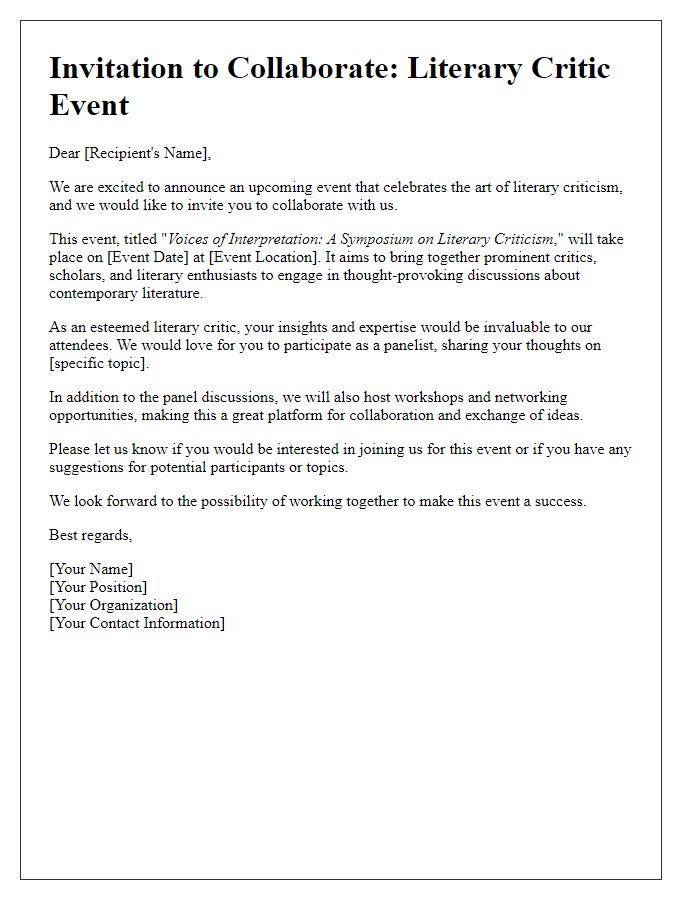 Letter template of literary critic event promotion collaboration