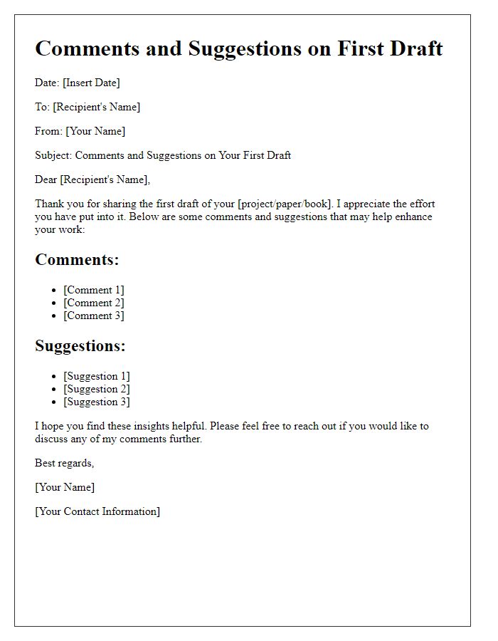 Letter template of comments and suggestions for first draft.