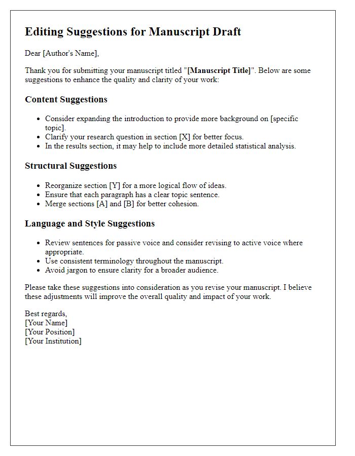 Letter template of editing suggestions for manuscript draft.