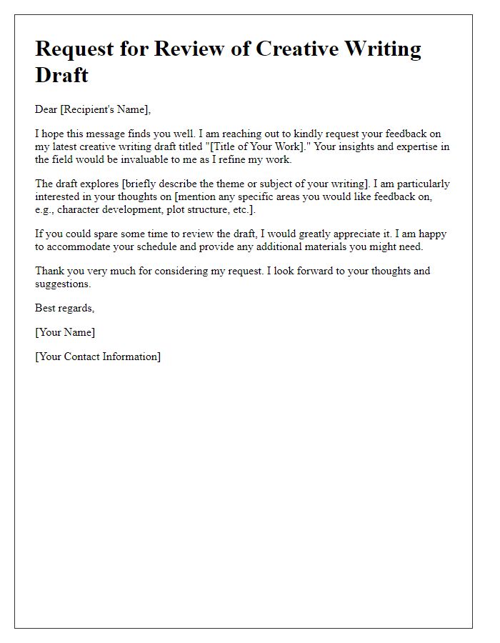 Letter template of review request for creative writing draft.