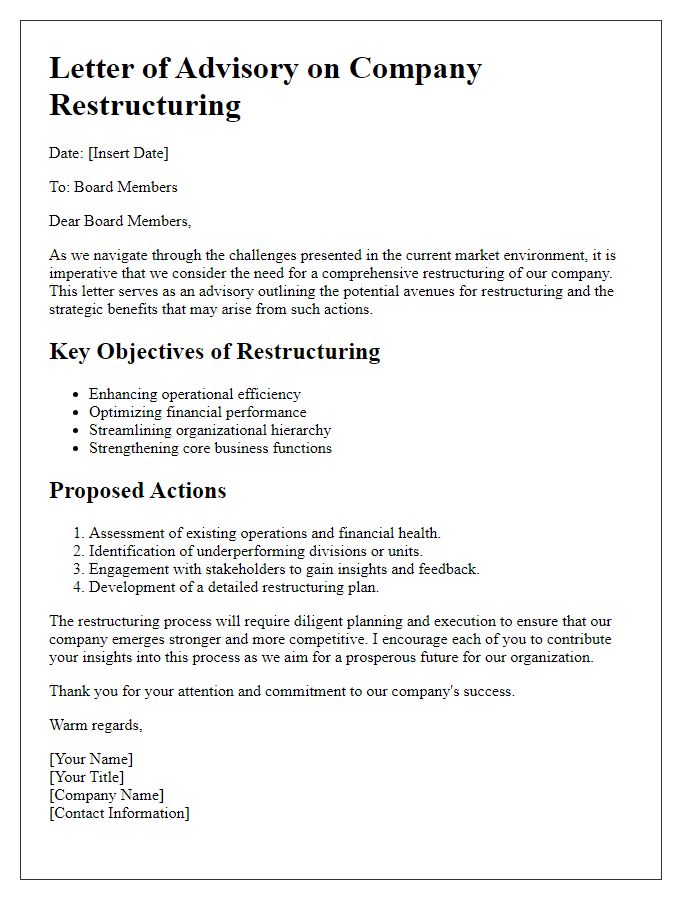 Letter template of company restructuring advisory for board members.