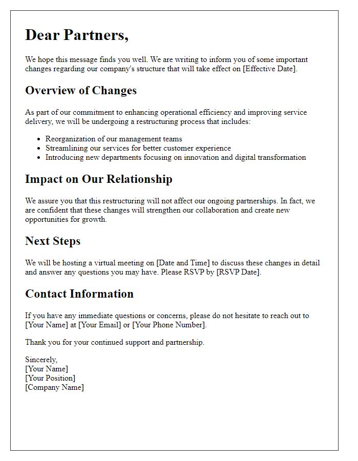 Letter template of company restructuring details for partners.