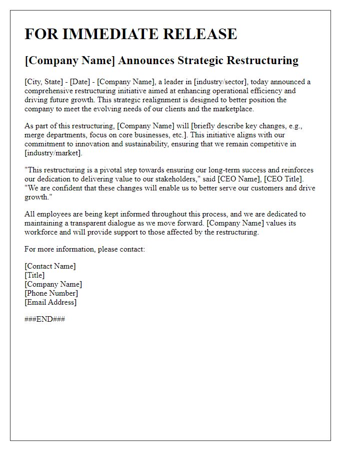 Letter template of company restructuring message for the press.