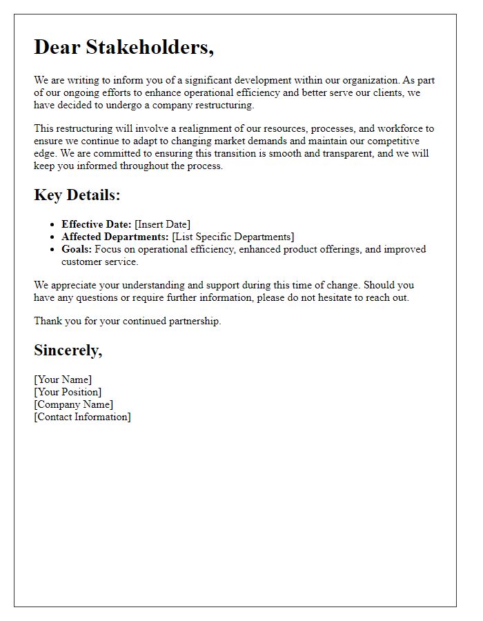 Letter template of company restructuring notification for stakeholders.