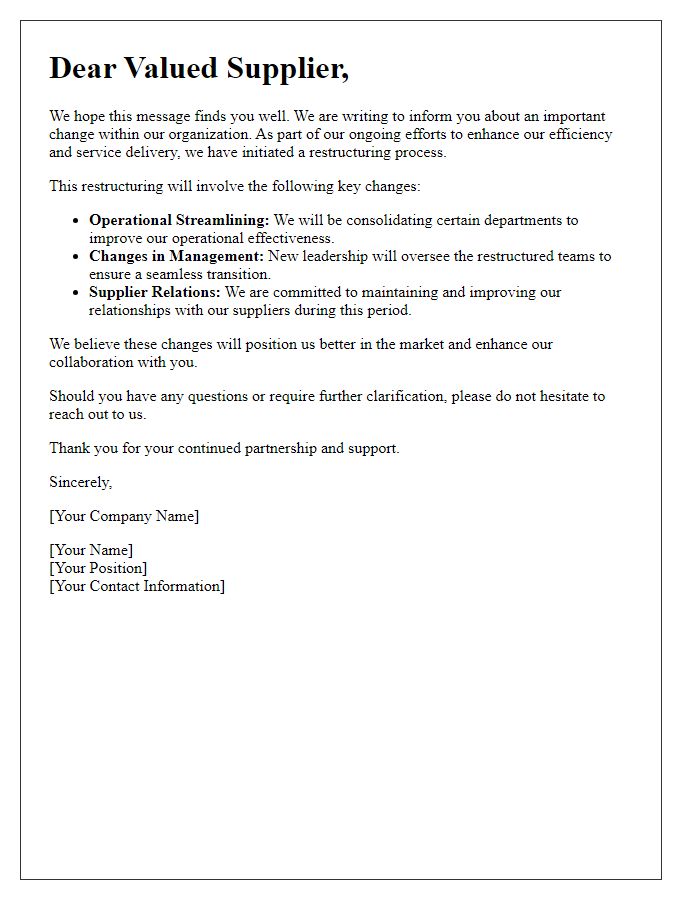 Letter template of company restructuring summary for suppliers.