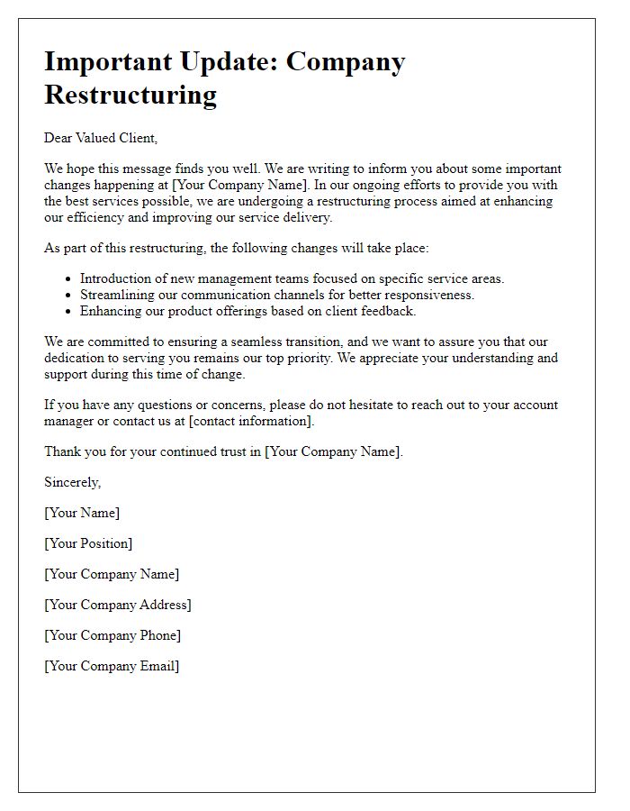 Letter template of company restructuring update for clients.