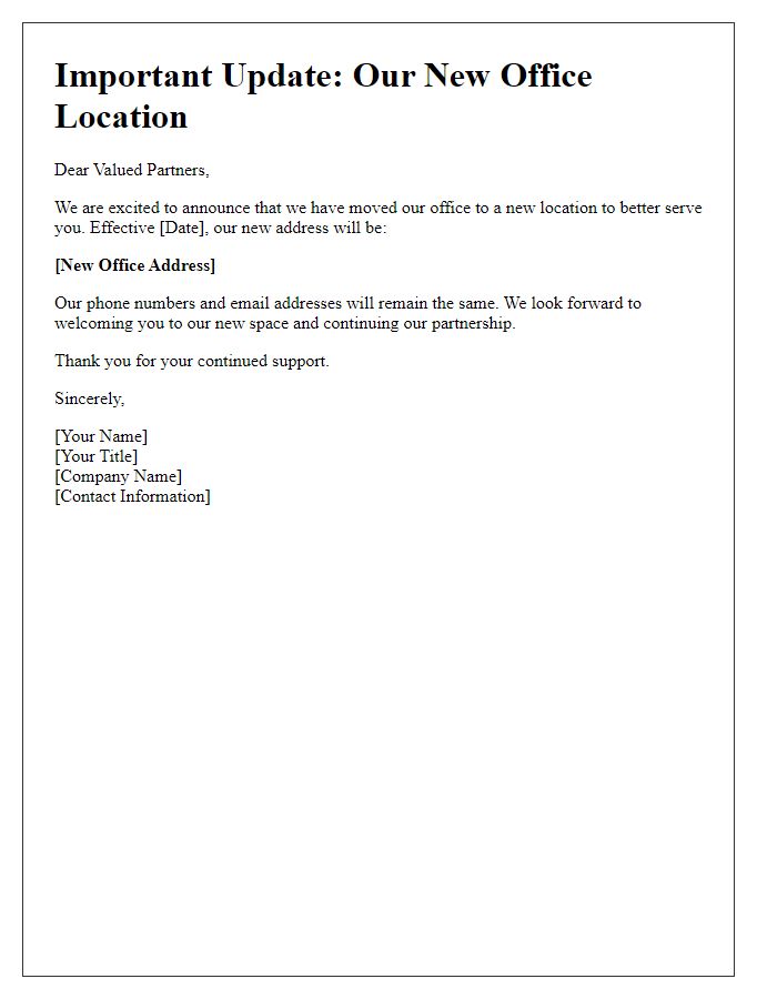 Letter template of new office location update for partners