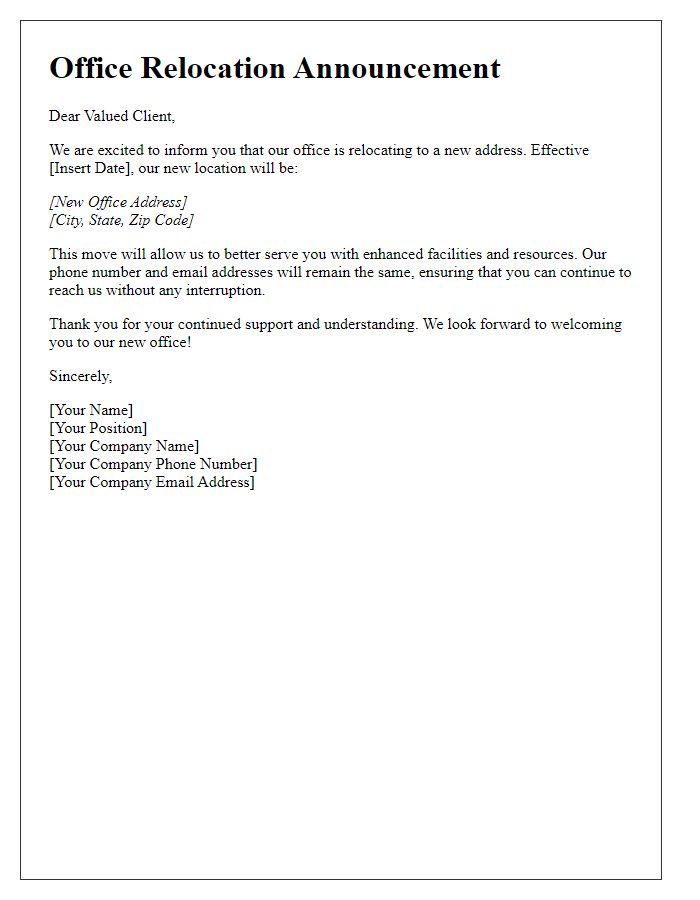 Letter template of office relocation announcement to clients