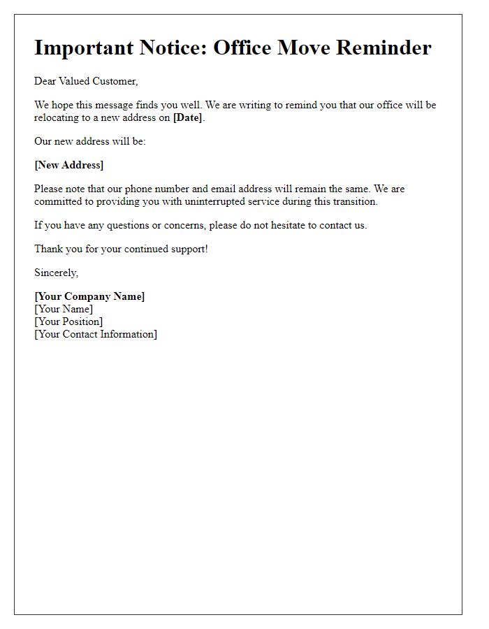 Letter template of upcoming office move reminder for customers