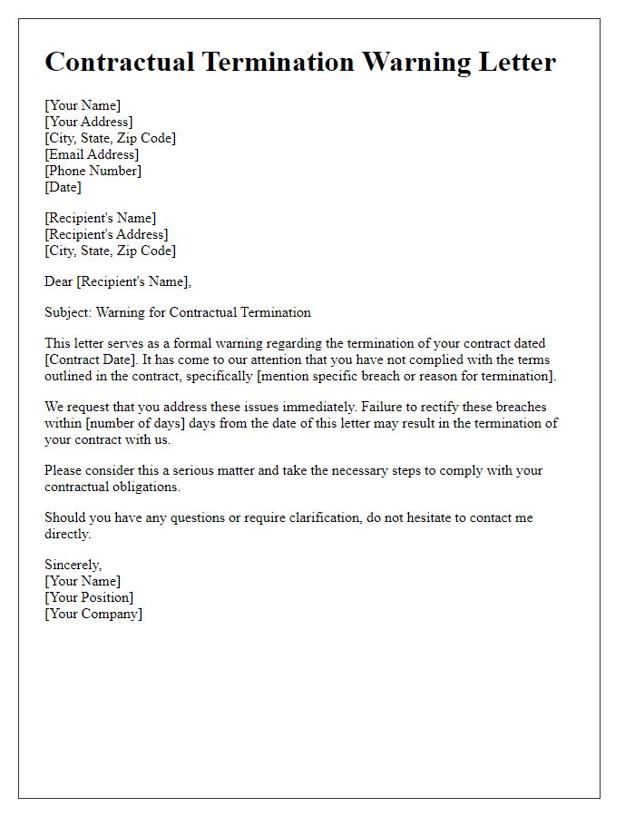 Letter template of contractual termination warning letter