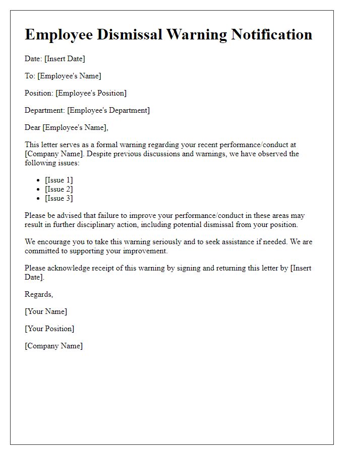 Letter template of employee dismissal warning notification