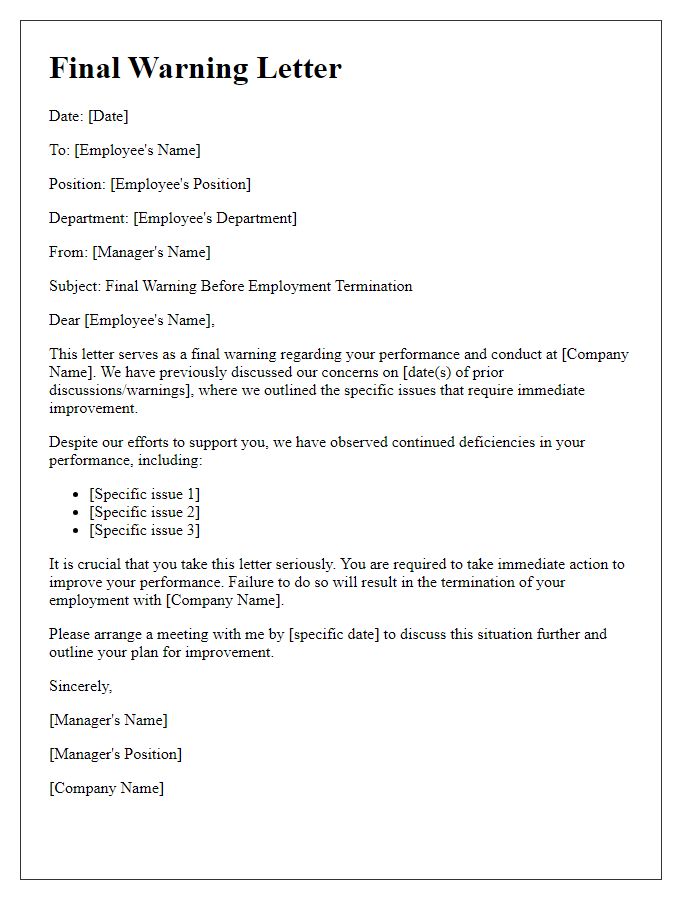 Letter template of final warning before employment termination