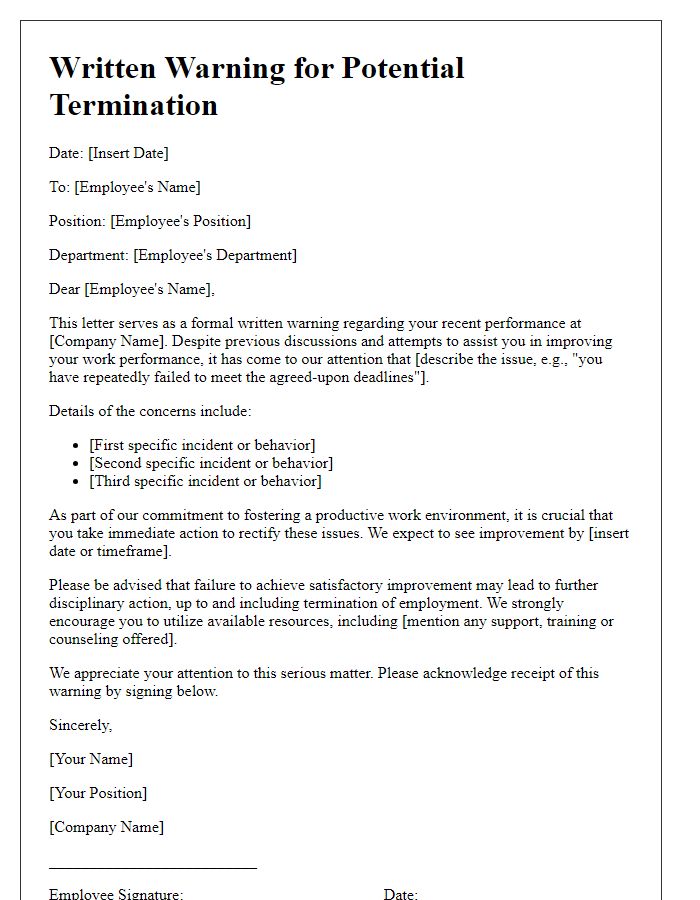 Letter template of written warning for potential termination