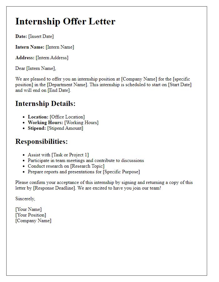 Letter template of internship details and responsibilities