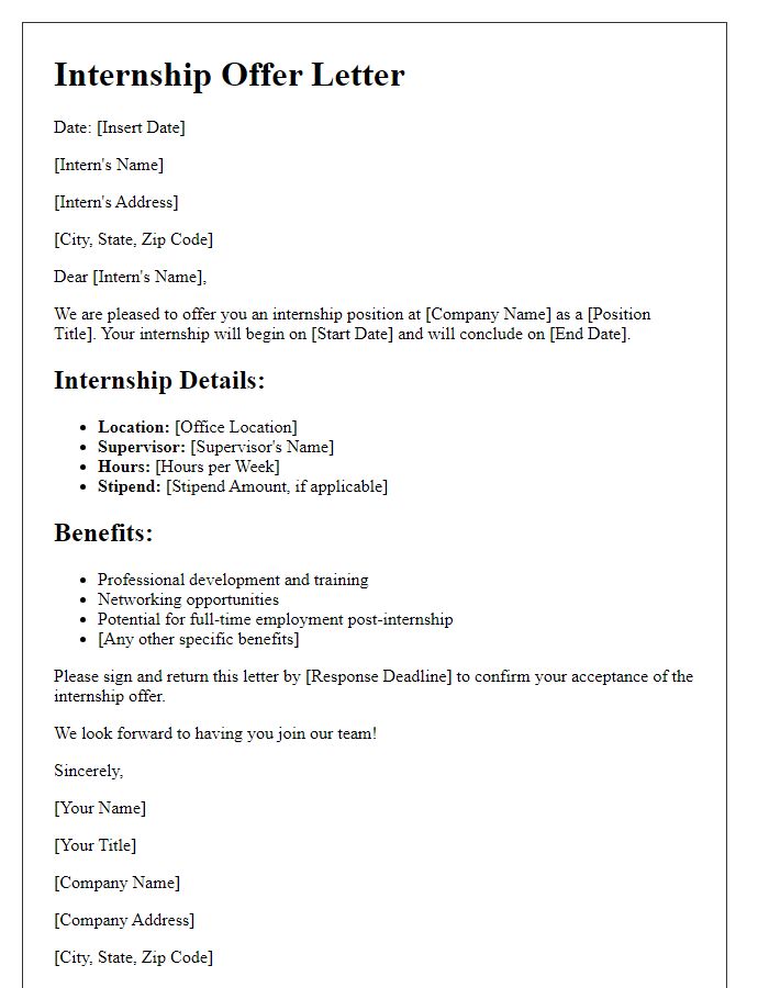 Letter template of internship offer with benefits