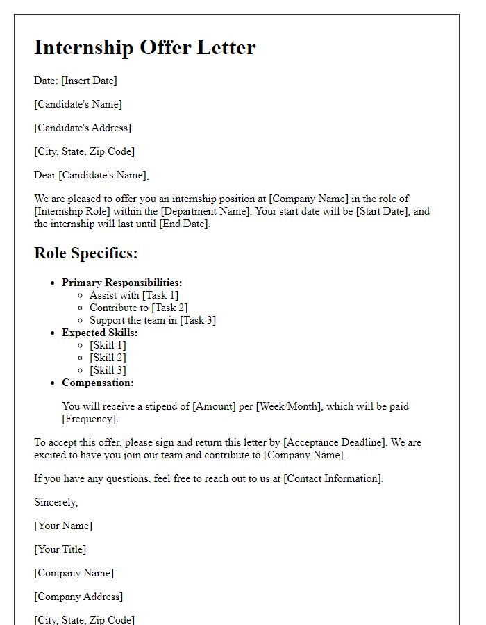Letter template of internship offer with role specifics