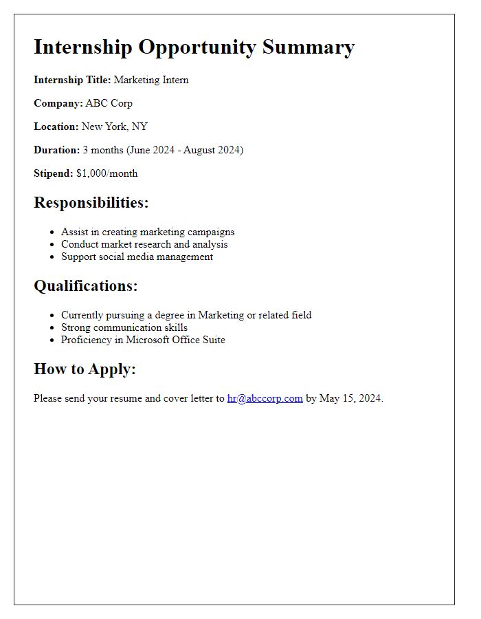 Letter template of internship opportunity summary