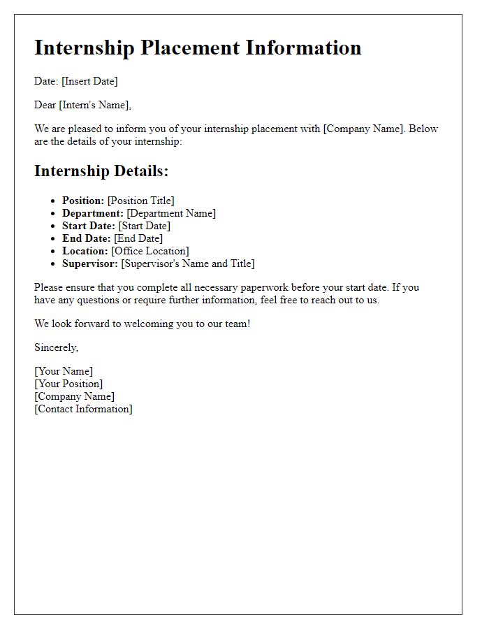 Letter template of internship placement information