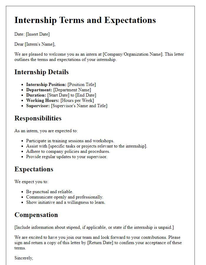 Letter template of internship terms and expectations