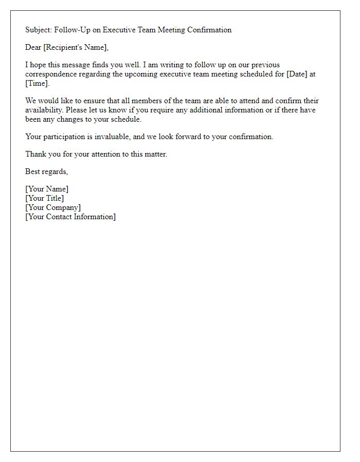 Letter template of follow-up for executive team meeting confirmation