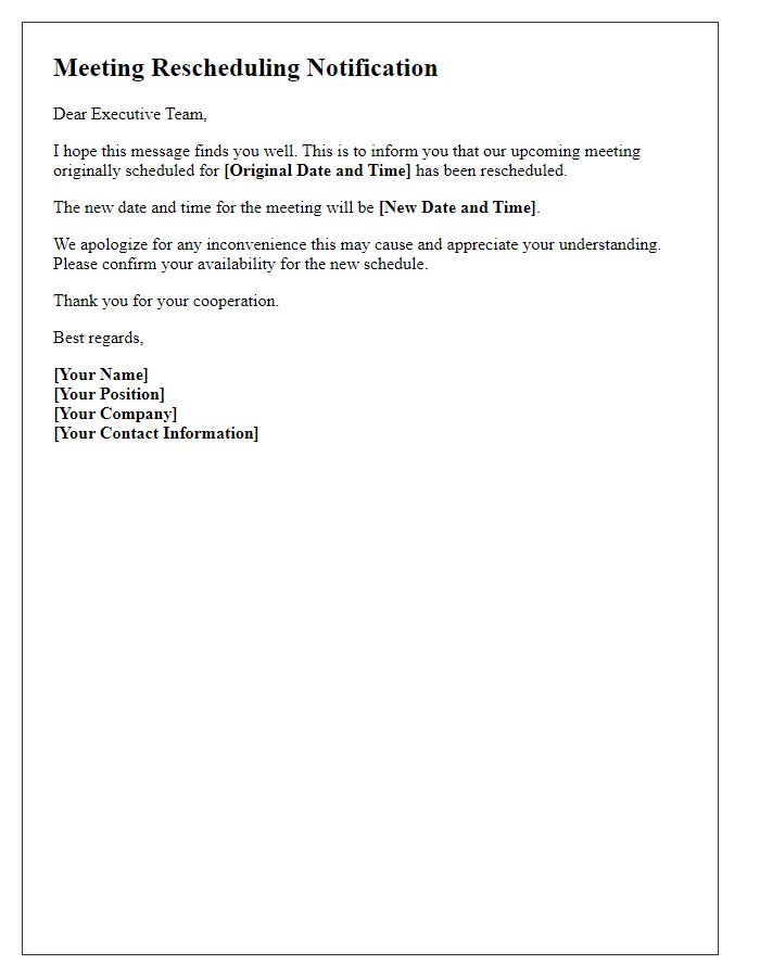 Letter template of meeting rescheduling notification for executive team