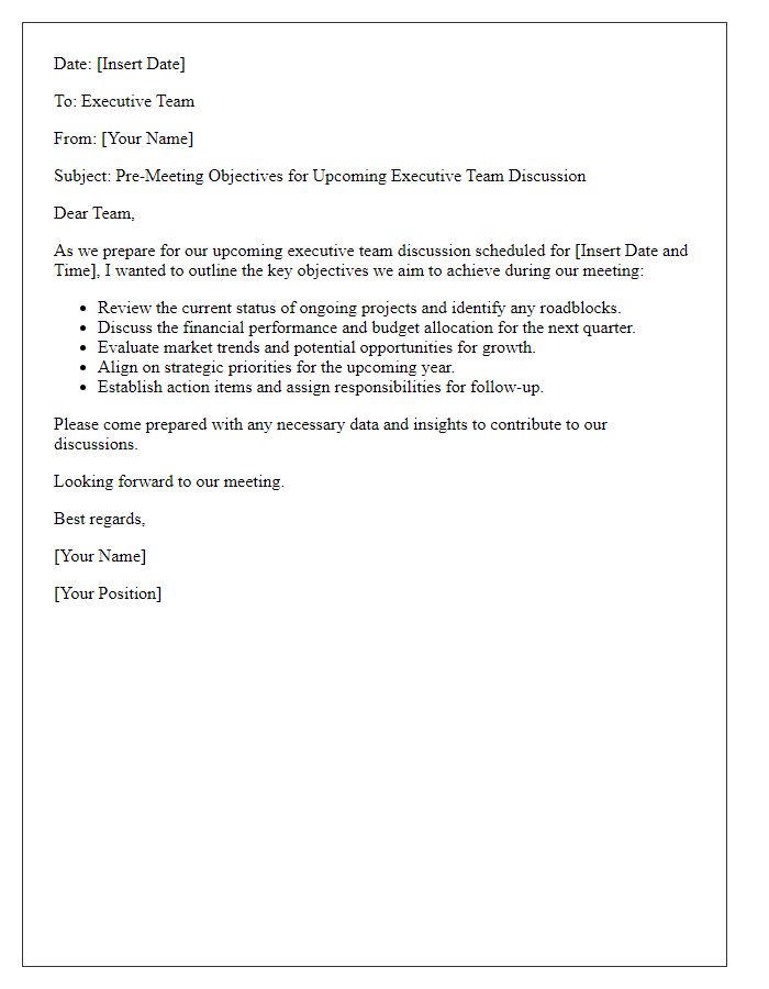 Letter template of pre-meeting objectives for executive team discussion