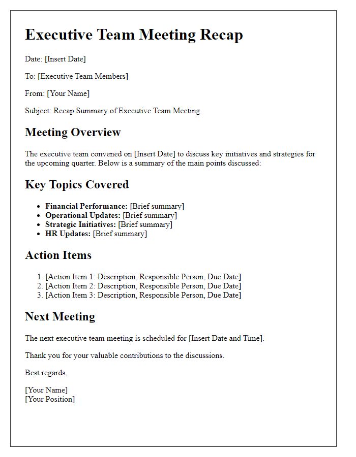 Letter template of recap summary after executive team meeting