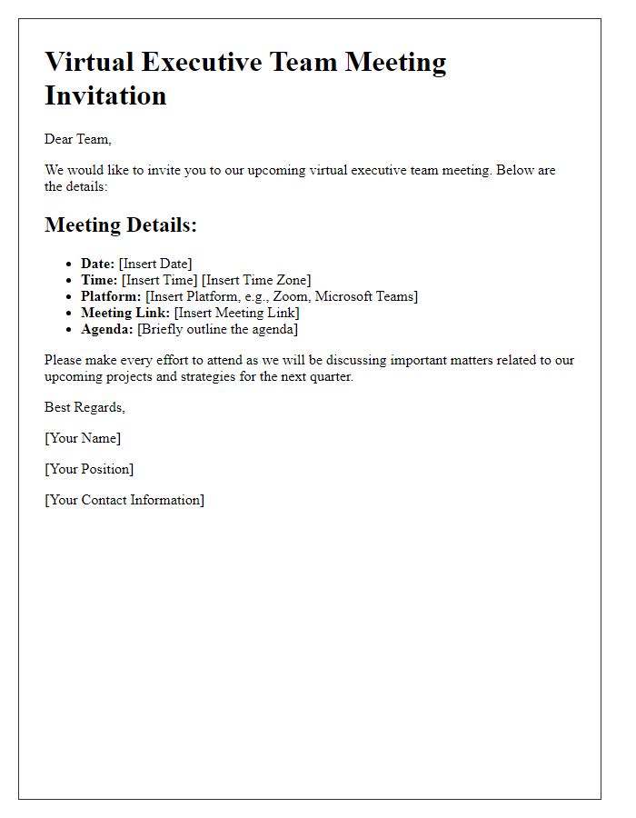 Letter template of virtual executive team meeting details