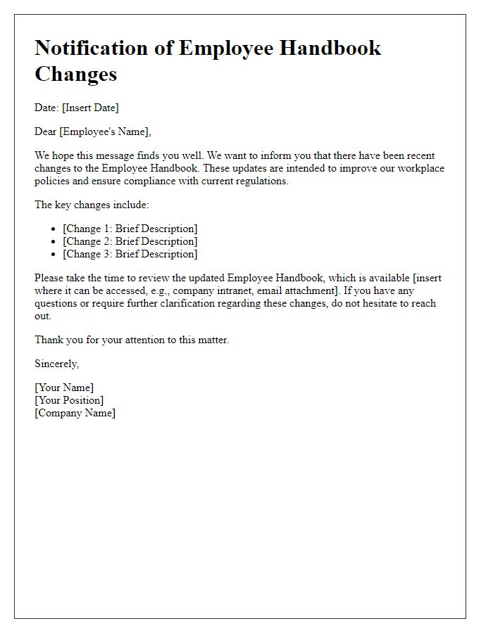 Letter template of employee handbook changes