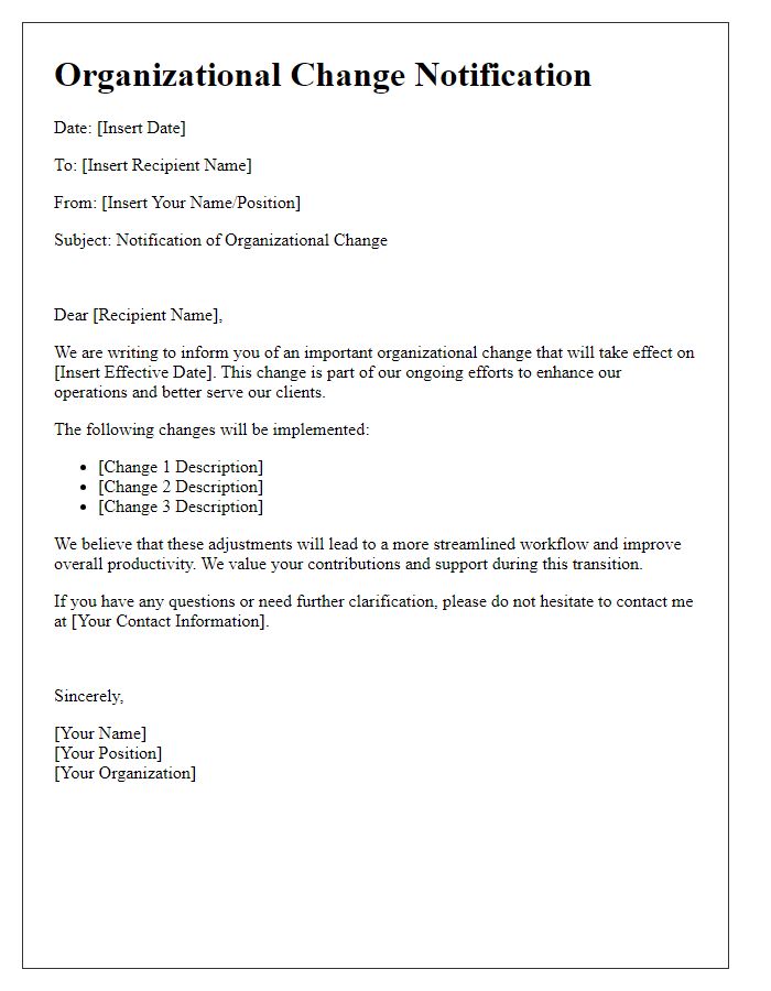 Letter template of organizational change notification