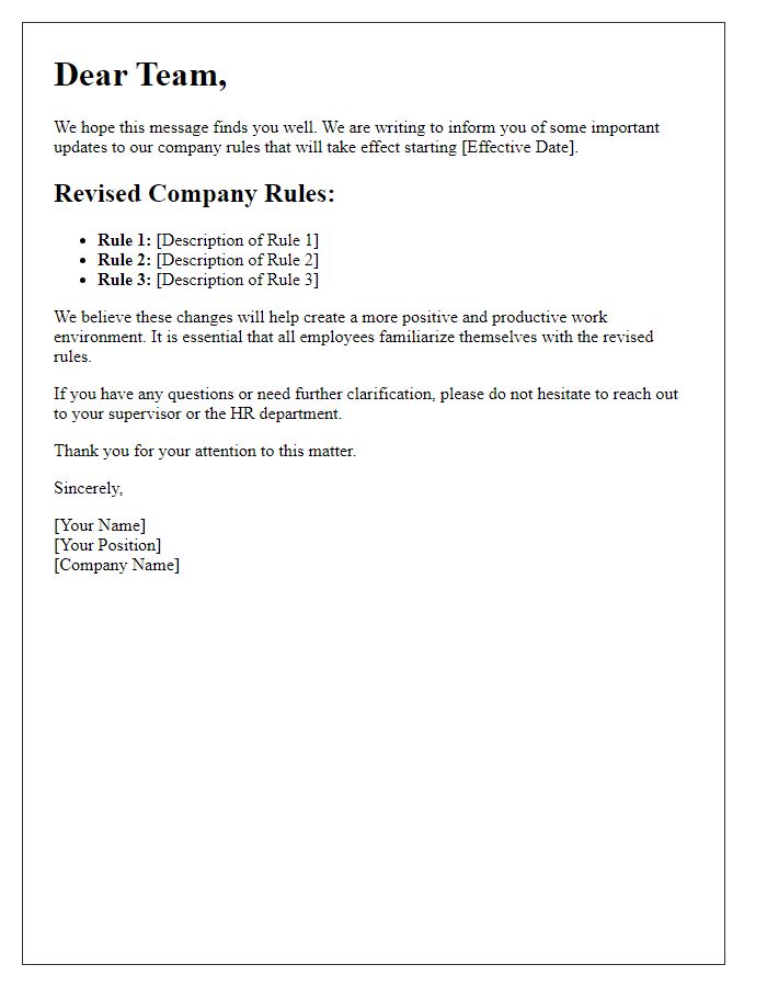 Letter template of revised company rules communication