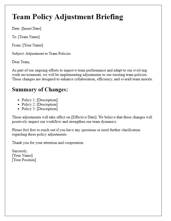 Letter template of team policy adjustment briefing