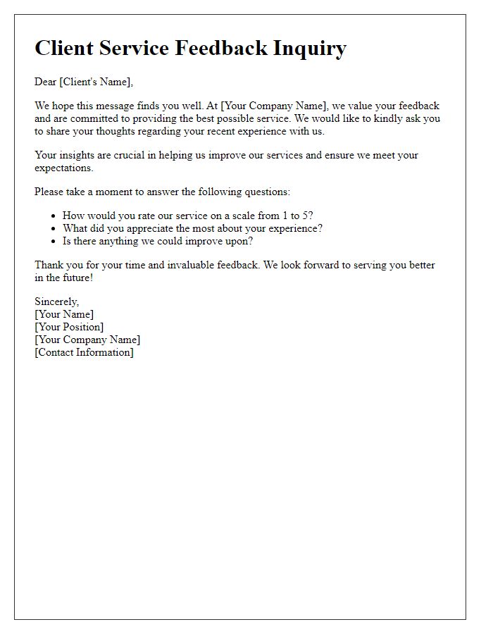 Letter template of client service feedback inquiry