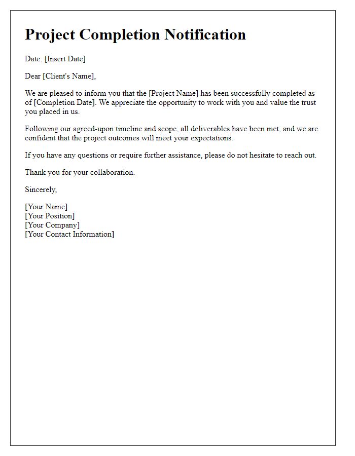 Letter template of client project end notification.