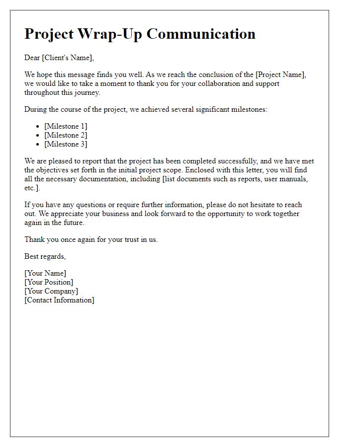 Letter template of client project wrap-up communication.