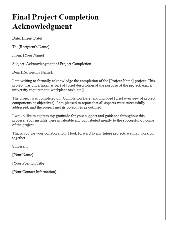 Letter template of final project completion acknowledgment.