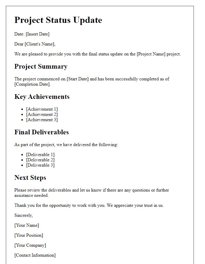 Letter template of finalized project status update for clients.