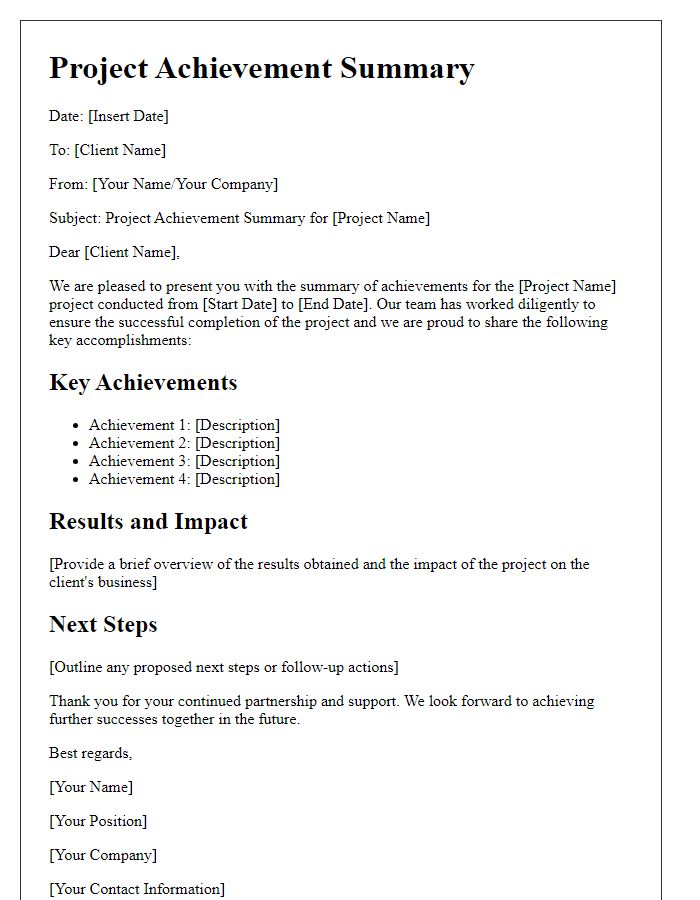 Letter template of project achievement summary for clients.