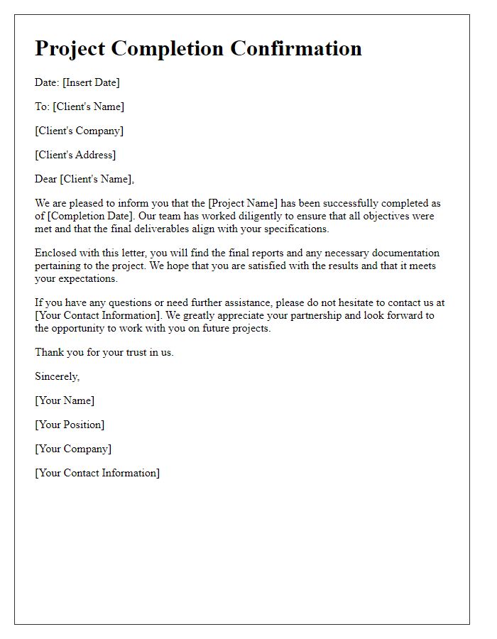 Letter template of project completion confirmation for clients.